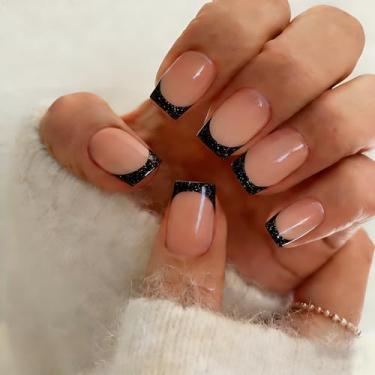 Imagem de KXAMELIE Unhas de pressão médias – unhas quadradas francesas com cola, unhas postiças curtas nude em 12 tamanhos – Kit de 24 unhas de gel macio para mulheres, brilho com glitter, preto francês