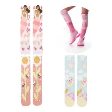 Imagem de 3 Pares Meia 3/4 Cano Alto galocha Infantil Menina Colorida Estampada 