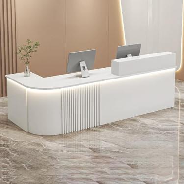 Imagem de Mesa de recepção moderna com balcão, balcão de caixa de varejo com bandeja de teclado, orifício para cabos, ideal para lobbies e salões de beleza, branco (120 x 60 x 100 cm)