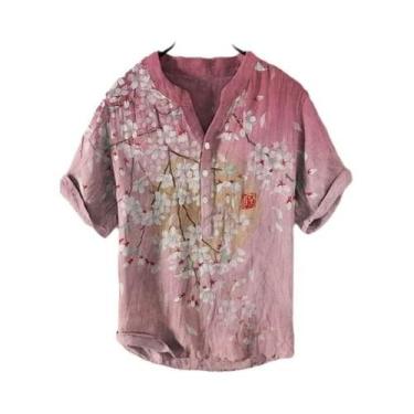 Imagem de Camisa Casual Masculina Com Decote Em V Pequeno, Estampa De Flor De Ma