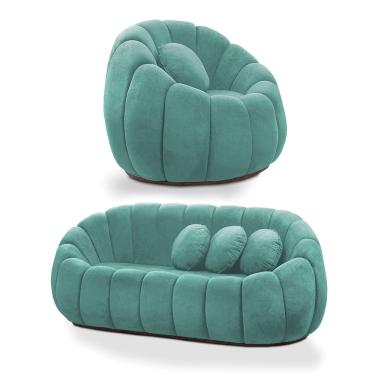 Imagem de Sofá 2 Lugares com Poltrona Giratória Orgânica Cloud Bouclê Azul Turquesa E03 - D'Rossi