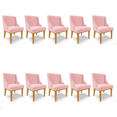 Imagem de Kit 10 Cadeiras de Jantar Liz Suede Rosa Bebê Base Fixa Madeira Castanho - D'Rossi