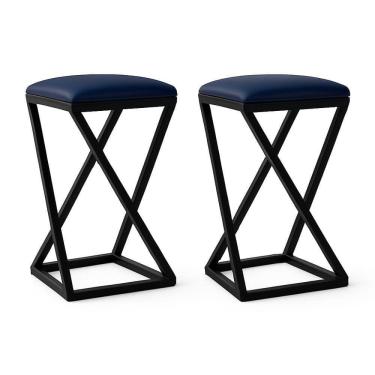 Imagem de Kit 2 Banqueta Z 80 Cm Alta Bistrô Bancada Cozinha Moderno Corino Cor:azul Marinho