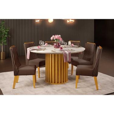 Imagem de Conjunto: Mesa Sala Jantar Viena c/ Tampo Madeirado c/ Vidro 136x136cm e 6 Cadeiras Jade Cedro/Off White - Suede Moca - DJ Móveis