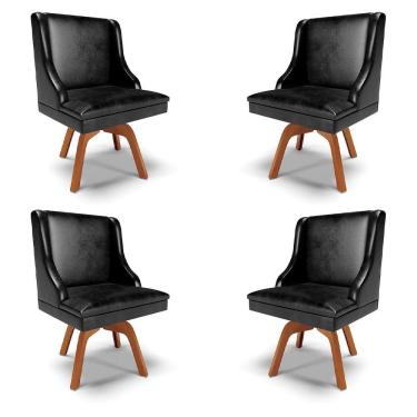 Imagem de Kit 4 Cadeiras Decorativas Sala De Jantar Base Giratória De Madeira Firenze Pu Preto Brilho/natural