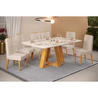 Imagem de Conjunto: Mesa de Cozinha Celeste c/ Tampo Madeirado c/ Vidro Retangular 160x90cm e 6 Cadeiras Lia Cedro/Off White - Linho Neve - DJ Móveis