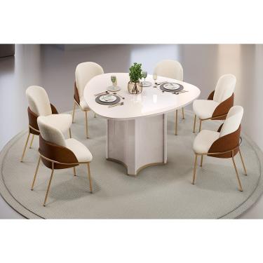 Imagem de Conjunto: Mesa de Cozinha Chanel c/ Tampo Madeirado c/ Vidro Orgânico 136x136cm e 6 Cadeiras Vitta Off White - Boucle Perola/Terracota - DJ Móveis
