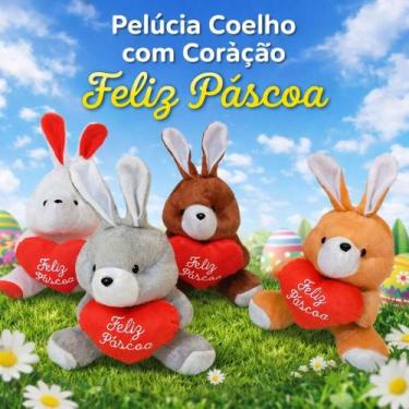 Imagem de Coelho pelúcia com coração com a frase feliz páscoa - SEM MARCA, Cinza