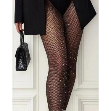 Imagem de Meia Calça Infantil Arrastão Adulto Preta com Strass Brilho Trama Aber