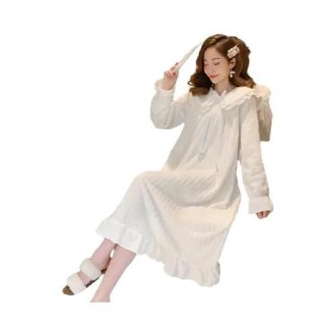 Imagem de Camisola Feminina De Flanela Grossa Cor Sólida Com Gola Boneca E Babad