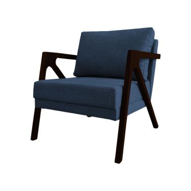 Imagem de Poltrona Mona Monique Luxo Linho Azul Base Madeira Maciça Ideal Decor