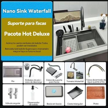 Imagem de Kit Cuba de Embutir para Cozinha Gourmet Retangular com Torneira Flexível em Aço Inox 304 Cinza OEM