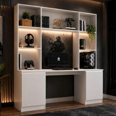 Imagem de Mesa Gamer com Estante Multimóveis Smart MP6097 2 Portas e 5 Prateleiras MDP Branco