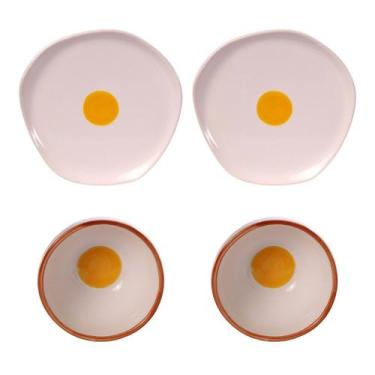 Imagem de Conjunto Casal Prato E Bowl Cerâmica Pintado À Mão Ovo - Silveira