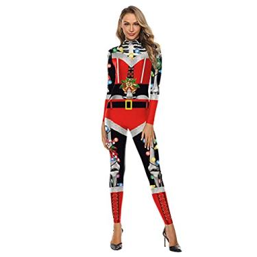 Imagem de Yajun Macacão de Natal feminino cosplay body fantasia decoração festa estampa 3D gola alta plus size Catsuit vermelho, P (busto: 76 cm)