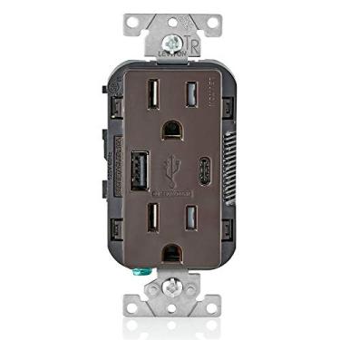 Imagem de Leviton T5633-B Carregador USB de parede tipo A e tipo C com tomada de 15A, carregador USB para smartphones e tablets, marrom