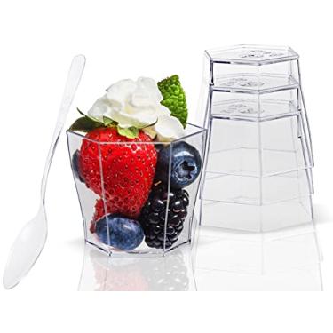 Imagem de Lawei Pacote com 100 xícaras de sobremesa de plástico de 56,7 g com 100 colheres de plástico – Mini tigela hexagonal descartável para sobremesas de chocolate, aperitivos, amostras de sobremesa, copos de sobremesa e muito mais...