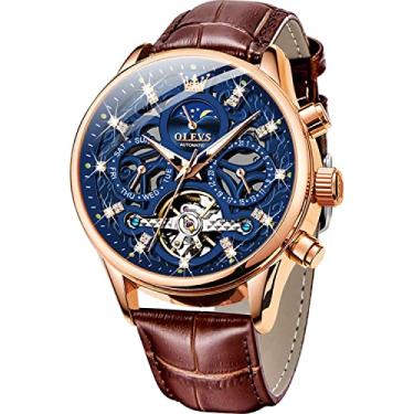 Imagem de OLEVS Relógio masculino de couro esqueleto automático mecânico turbilhão calendário fase da lua luminoso à prova d'água relógio de pulso luxuoso para negócios, Z: mostrador azul e couro marrom,