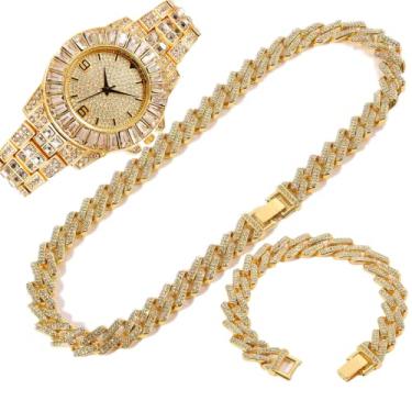 Imagem de NUAYA Kit Hip Hop 15 mm 3 peças prata dourado relógio + colar + pulseira bling cristal AAA + strass gelo corrente cubana para homens mulheres casal conjunto de joias, Strass, Zircônia cúbica
