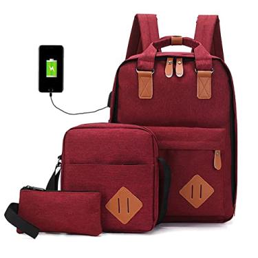 Imagem de Mochila casual para laptop 3 peças masculina nylon universitário bolsas de computador carregamento USB mochila de viagem multiuso para caminhadas ao ar livre, vermelho, 38 x 27 cm