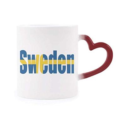 Imagem de Caneca com nome da bandeira da Suécia sensível ao calor vermelha muda de cor