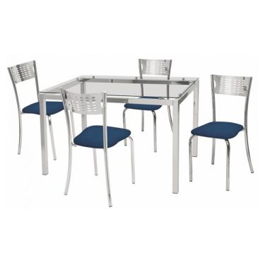 Imagem de Conjunto de Mesa de Jantar com Tampo de Vidro e 4 Cadeiras Rafaela Cromado e Azul