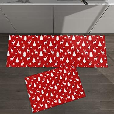 Imagem de Conjunto de 2 tapetes de cozinha Merry Christmas Tree Deer Star Padrão Geométrico Vermelho para Tapetes Acolchoados no Chão e Tapetes Antiderrapantes Absorventes Passadeira Confortável Tapete de Pé