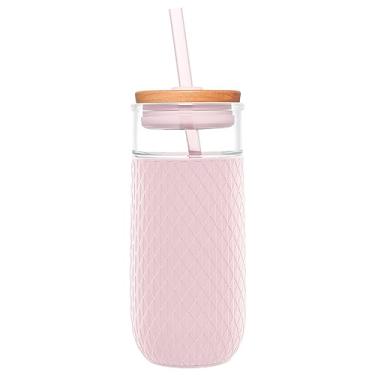 Imagem de Ello Copo de vidro Devon de 510 g com palha, tampa de madeira de bambu com ajuste de fricção e manga de silicone | Perfeito para café gelado, chá e vitaminas | Cetim rosa
