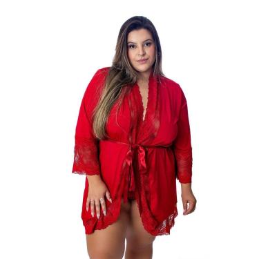 Imagem de Robe Manga Longa Microfibra Renda Luxo  Plus Size Florallys Vermelho
