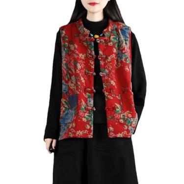 Imagem de KANG POWER Colete feminino estilo chinês curto sem mangas colete tradicional retrô oriental étnico vestuário casual colete, Vermelho, P
