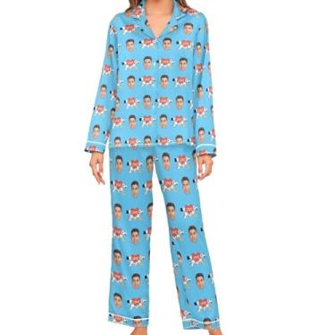 Imagem de JUNZAN Conjuntos de pijama feminino de cetim amarelo personalizado manga comprida pijama feminino de botão personalizado, Azul, G