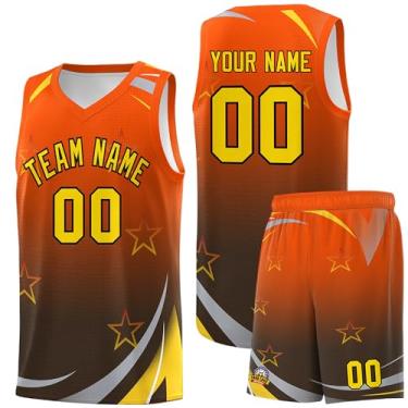 Imagem de Camiseta de basquete personalizada para homens mulheres jovens, shorts de basquete personalizados com logotipo do número do time, Laranja e amarelo-07, Tamanho Único