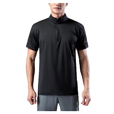 Imagem de Camiseta masculina atlética manga curta gola alta sólida polo secagem rápida com zíper casual, Preto, G