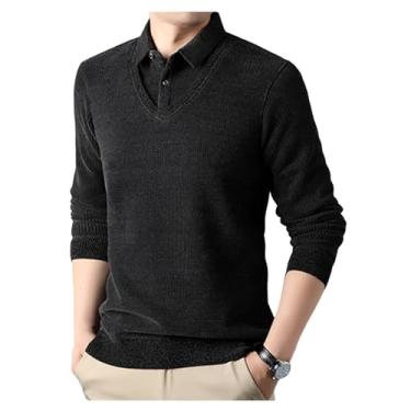 Imagem de Suéter masculino de lã engrossado falso de duas peças quente suéter de malha de manga comprida, Cinza, XXG