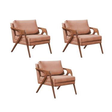 Imagem de Kit 3 Poltronas Decorativas Mona Premium Base Madeira Maciça Linho Terracota