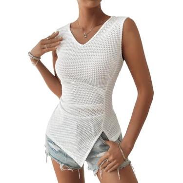 Imagem de SweatyRocks Camiseta regata feminina franzida com gola V, sem mangas, malha transparente, colete casual, Branco, GG
