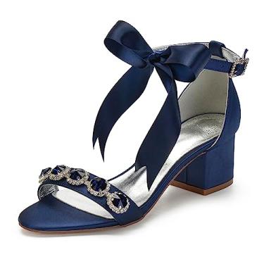 Imagem de Sandálias femininas de salto baixo peep toe grosso tira no tornozelo cristal vestido de casamento sapatos com laço, Azul marinho, 37