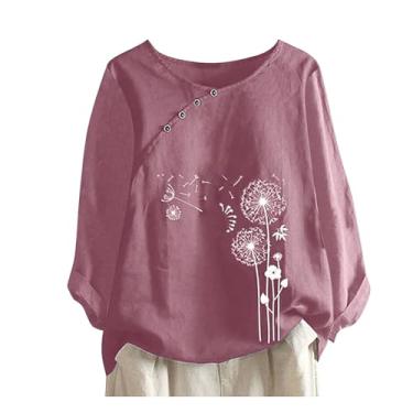 Imagem de Howstar Camiseta feminina de verão, casual, floral, algodão, linho, bordada, manga curta, gola redonda, camisetas estampadas grandes, A4 - rosa, M