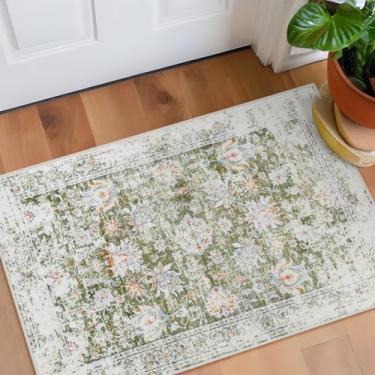 Imagem de Lahome Tapetes Boho Floral 2x3 para Entrada Interna, Ultrafino Lavável Tapete de Porta da Frente Entrada Interna, Tapete Vintage Pequeno para Cozinha, Tapete Antiqueda para Cabeceira e Banheiro, Verde