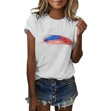Imagem de Camiseta feminina com bandeira americana 4th of July Feather Graphic Camiseta patriótica manga curta bandeira dos EUA Star Stripe Tops, Branco, G