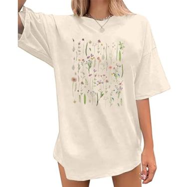 Imagem de Wrenpies Camiseta feminina com estampa floral boêmia, vintage, flores silvestres, cottagecore, jardins, amantes do jardim, B - damasco, GG