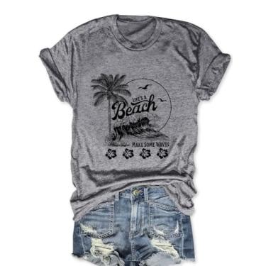 Imagem de Camiseta feminina de praia Summer Alona Holiday Tees Coconut Tree Graphic Wave Camiseta casual, P, cinza, M