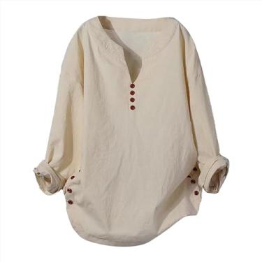 Imagem de Blusa feminina de algodão e linho, manga 3/4, plus size, botões, gola V, casual, caimento solto, vintage, túnica confortável, Z - Camisa de linho de algodão - D-cáqui, GG