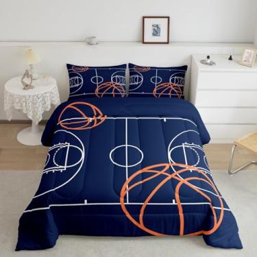 Imagem de Feelyou Jogo de cama de basquete, 2 peças, para meninos e adolescentes, azul marinho, esportivo, jogo de bola, jogo de basquete, 2 peças