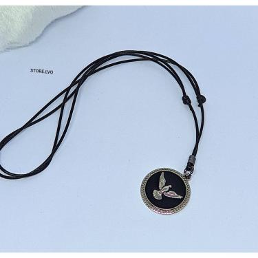 Imagem de Colar Religioso Cordão Fio encerado Preto Regulável com Pingente Medalha redonda Divino espírito santo Pomba Aço inox