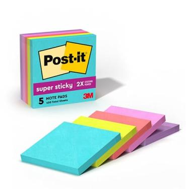 Imagem de Bloco de notas adesivo Post-it Super Sticky Notes, 2 vezes mais adesivo, 7,62 x 7,62 cm, Coleção Miami, 5 blocos por pacote, 90 folhas por bloco (654-5SSMIA)