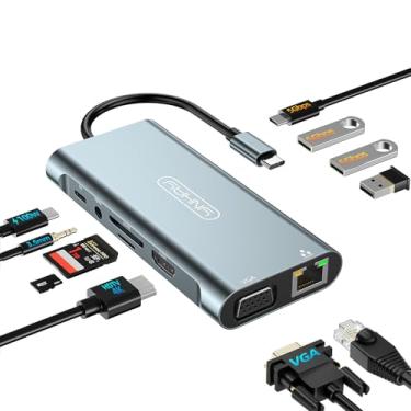 Imagem de Estação de ancoragem para laptop multiportas 11 em 1 com suporte para monitor duplo, adaptador USB-C para HDMI, Ethernet, hub USB 3.0, leitor de cartão SD/TF, conector de áudio - compatível com