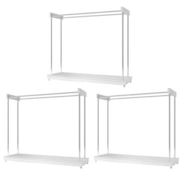 Imagem de Kit 3 Araras Closet Expositor de Roupas Com Rodízios Aço Cromado Branc