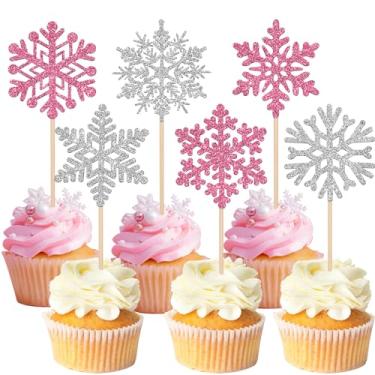 Imagem de 24 Pack Snowflake Cupcake Toppers Glitter Winter Snowflake Cupcake Picks Winter Frozen Cake Decorations Snowflake Christmas Baby Shower Kids Birthday Party Supplies Pink/Silver
