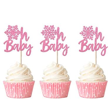Imagem de Rsstarxi 36 Pack Snowflake Oh Baby Cupcake Toppers Pink Glitter Oh Baby Snowflake Cupcake Picks for Winter Frozen Theme Gender Reveal Baby Shower Kids Birthday Party Cake Decorations Supplies